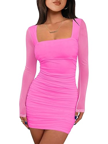 ANRABESS Women's Square Neck Mesh Ruched Bodycon Mini Dress Puff