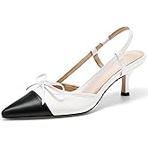 Coutgo Women‘s Bow Tie Slingback Pumps Pointed Toe Kitten Low Heel Patchwork Dress Heeled Sandals