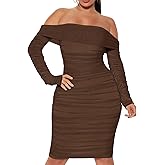 MOEENCN Mesh Long Sleeve Ruched Dress Sexy Off Shoulder Bodycon Women Knee Length Party Date Night Outfits