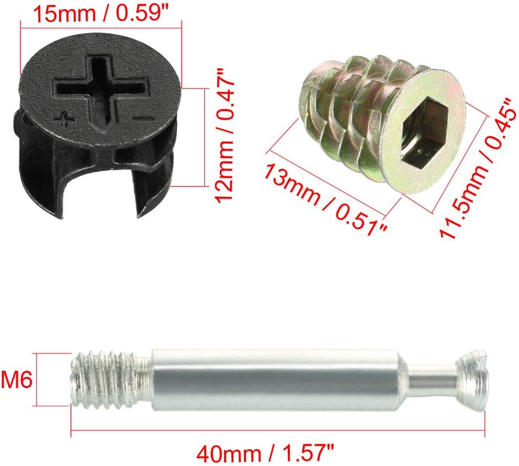 sourcing map 3-in-1 Furniture Connecting Kit 15mm OD Cam Fitting, M6x40mm Dowel Screws, M6 Pre-Inserted Nut 10 Sets - Image 3