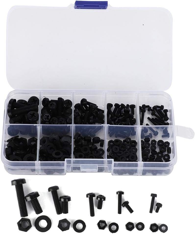 Multifunction fasteners black/white M2/M2.5/M3/M4/M5 Nylon screw kit, nylon nut, industrial for mechanics(Black 270pcs nylon screw set)