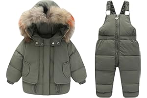 HLYSGO Kids 2 Piece Snowsuit Set Toddler Girl Winter Hooded Puffer Jacket & Snow Bib Pants Boy Thickened Ski Suits 1-6 Years