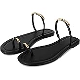 SOVANYOU Womens Toe Ring Sandals Flat Strappy Sandals with Toe Loop Dressy Casual Beach Summer Black Flat Slide Sandal