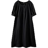 Minibee Women's Cotton Linen Dress Short Sleeve Midi Casual Plus Size Tunic Dress with Pockets