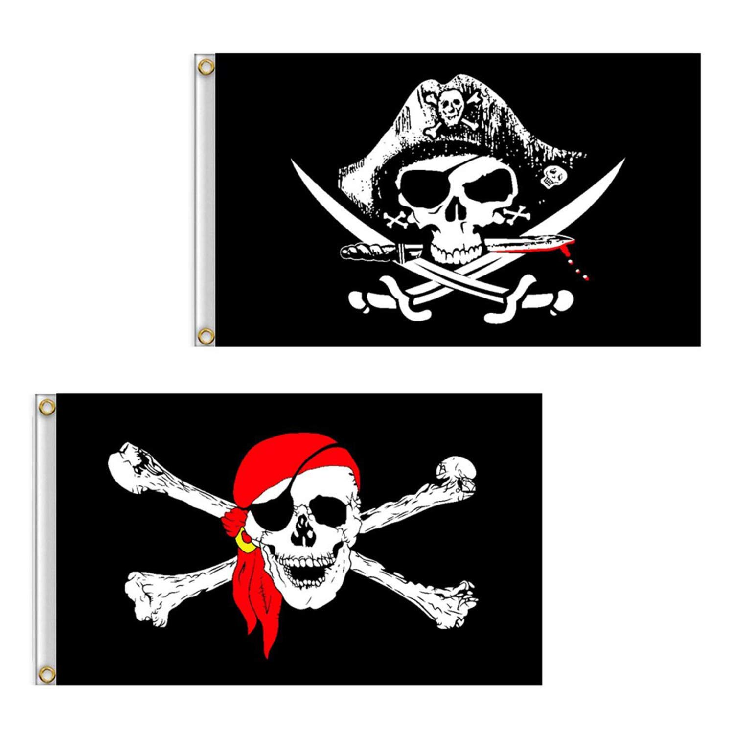 Pirate Flag, 2 PCS 2' x 3'/3' x 5' Skull and Cross Knife Crossbones Jolly Roger(Red Scarf) Flag for Outdoor and Pirate Parties (CrossKnife and Red Scarf, 2ft x 3ft)