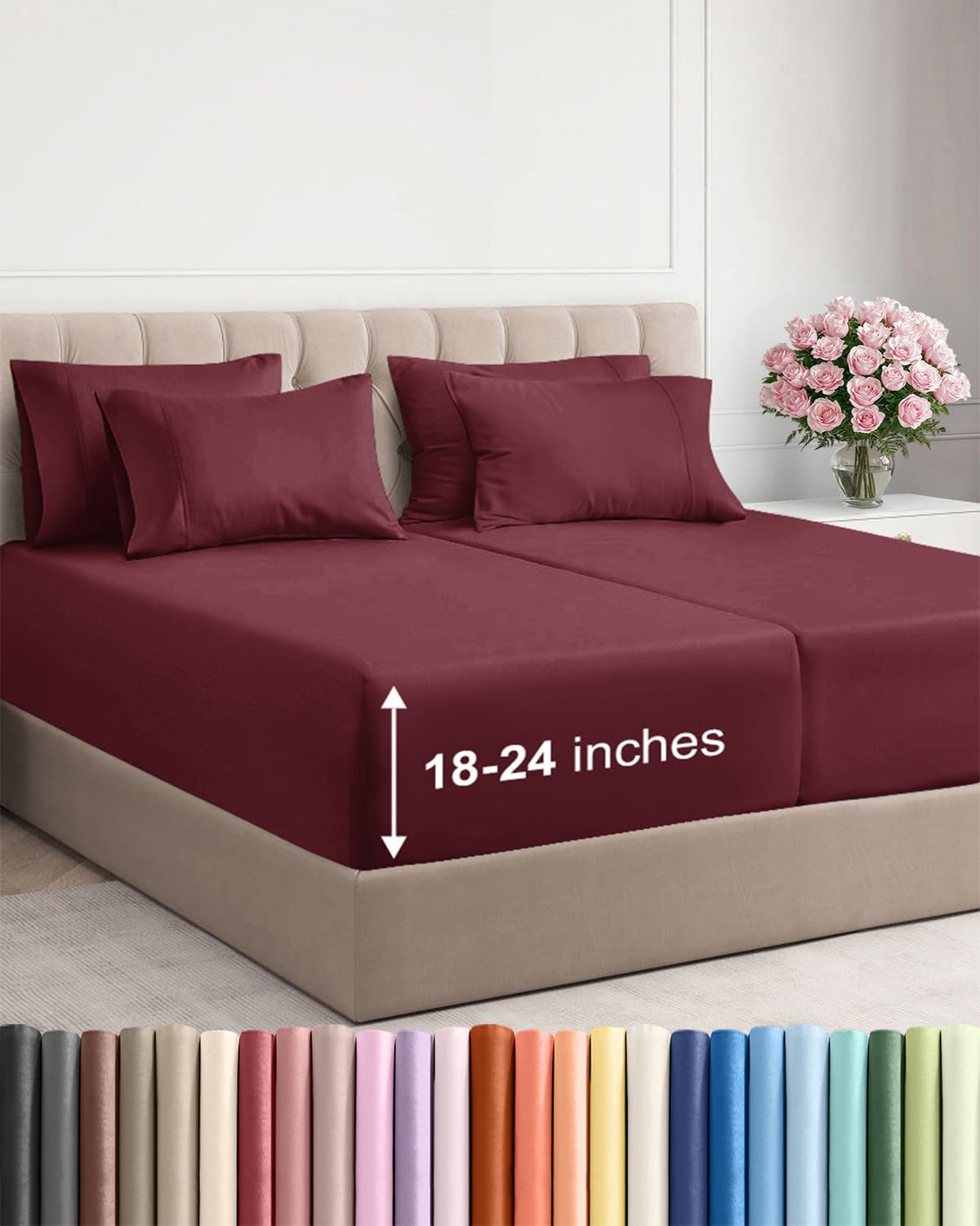 Photo 1 of Extra Deep Split King Sheet Set - 7 Piece Breathable and Cooling Sheets - Hotel Luxury Bedding for Women, Men, Kids & Teens - Easy & Secure Fit - Soft and Wrinkle Free - Extra Deep Pockets - Burgundy