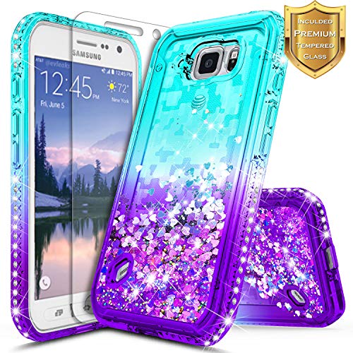Galaxy S6 Active Case w/[Tempered Glass Screen Protector], NageBee Glitter Liquid Quicksand Waterfall Flowing Sparkle Bling Diamond Girls Cute Case for Samsung Galaxy S6 Active (G890) -Aqua/Purple