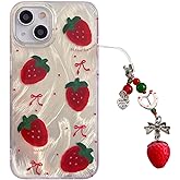 Tewwsdi Cute Glitter Strawberry Phone Case with Charm for iPhone 15,Kawaii Red Bow Polka Dot Design Aesthetic Fruit Summer Phone Girly Women，Never Fade ，1.5mm Raised Edges Protect(with Charm,6.1”)