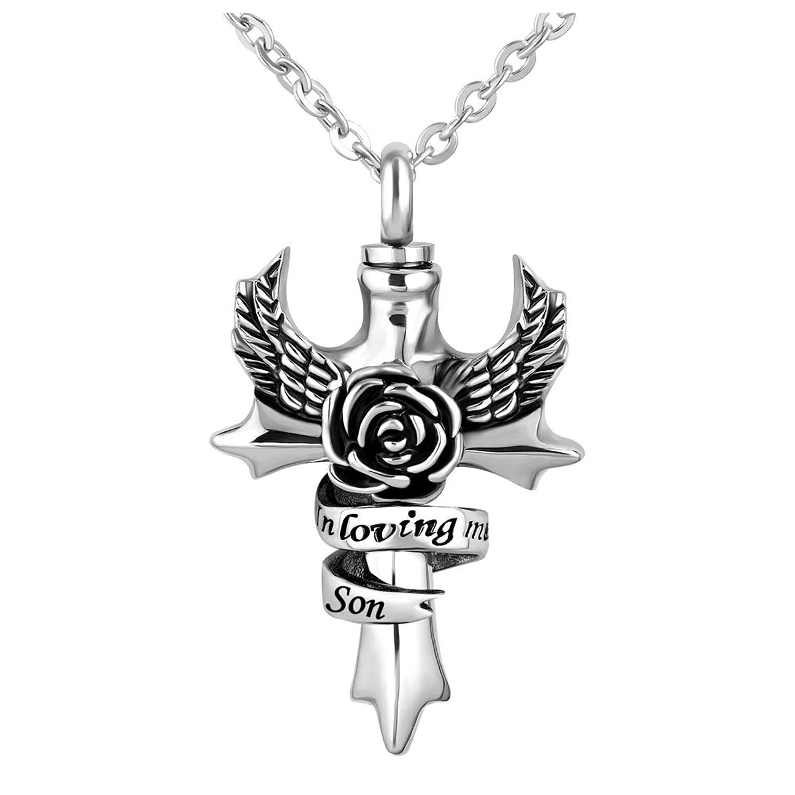 LSxAB Memorial Cremation Urn Necklace for Ashes Son Angel Wing Cross Family Keepsake Pendant to Hold Ashes UK