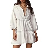 OFSOAK Women Denim Mini Dress 2026 Summer Casual 3/4 Puff Sleeve Button Down Collared Babydoll Loose Jean Shirt Dresses