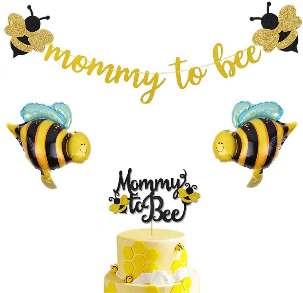 Dusenly Pack of 4 Mommy To Bee Banner Mommy To Bee Cake Topper and Bee balloon Bumble Bee Baby Shower Banner Gender Reveal Party Decorations