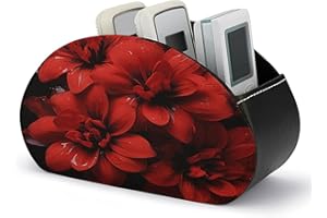FekiLoot Red Flower on Black Remote Control Holder with 5 Compartments Desktop Organizer PU Leather TV Remote Box Multi-Purpo