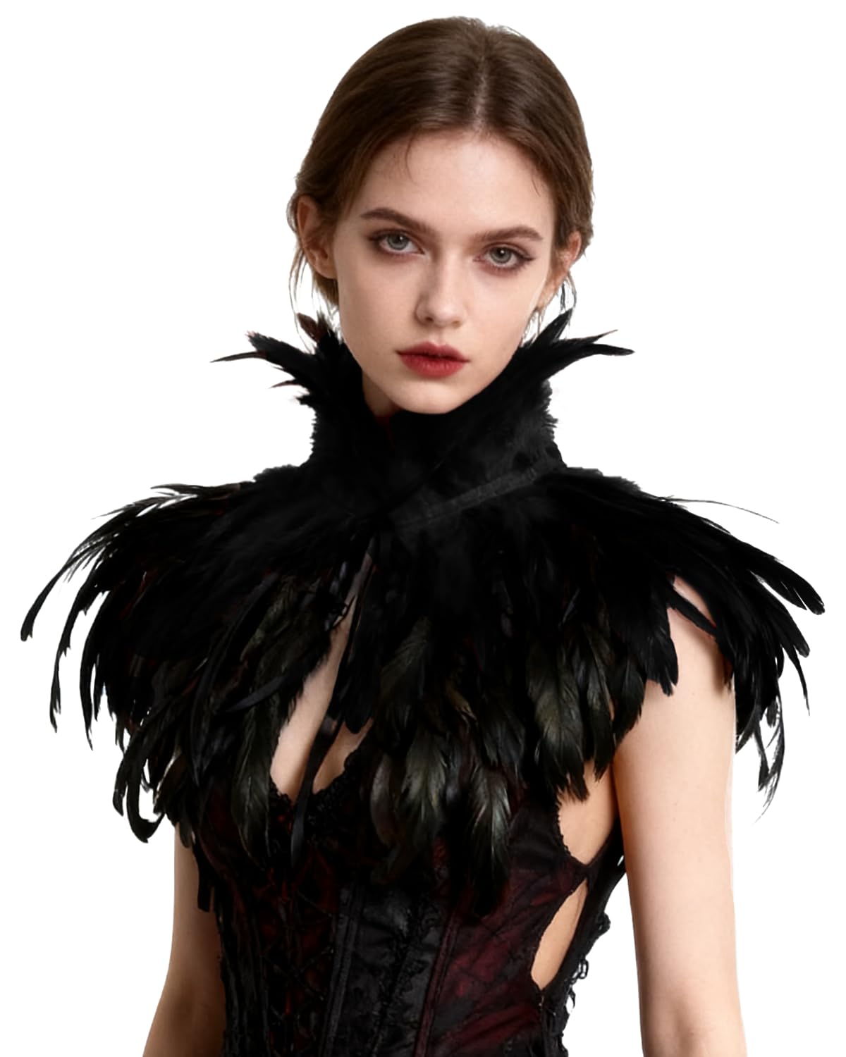 TOOKY Black Gothic Victorian Natural Feather Cape Shawl Stole Poncho with Choker Collar(Size: One Size) — image 1