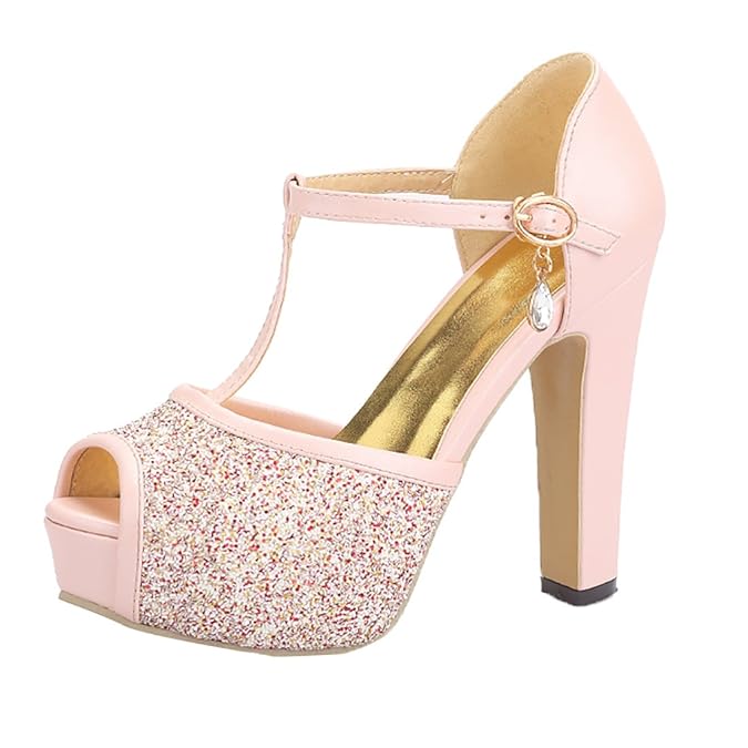 Damen Peep Toe Blockabsatz High Heels Plateau T-Strap Sandalen Glitzer Pumps mit Knöchelriemchen und Schnalle Schuhe