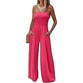 AUXDIO Womens Casual Strapless Summer Jumpsuits Loose Off Shoulder Smocked Sleeveless Wide Leg Romper with Pockets