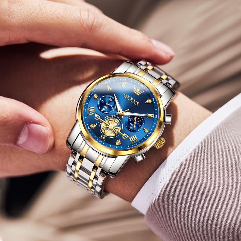 OLEVS Men Silver Watches,Men's Stainless Steel Chronograph Watch,Man Analog Quartz Big Face Male Watches Luxury Waterproof Roman Numeral Dress Diamond Relojes para Hombre