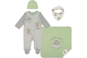 STAR WARS The Mandalorian The Child Zip Up Sleep N' Play Coverall Bib Blanket and Hat 4 Piece Outfit Set Newborn