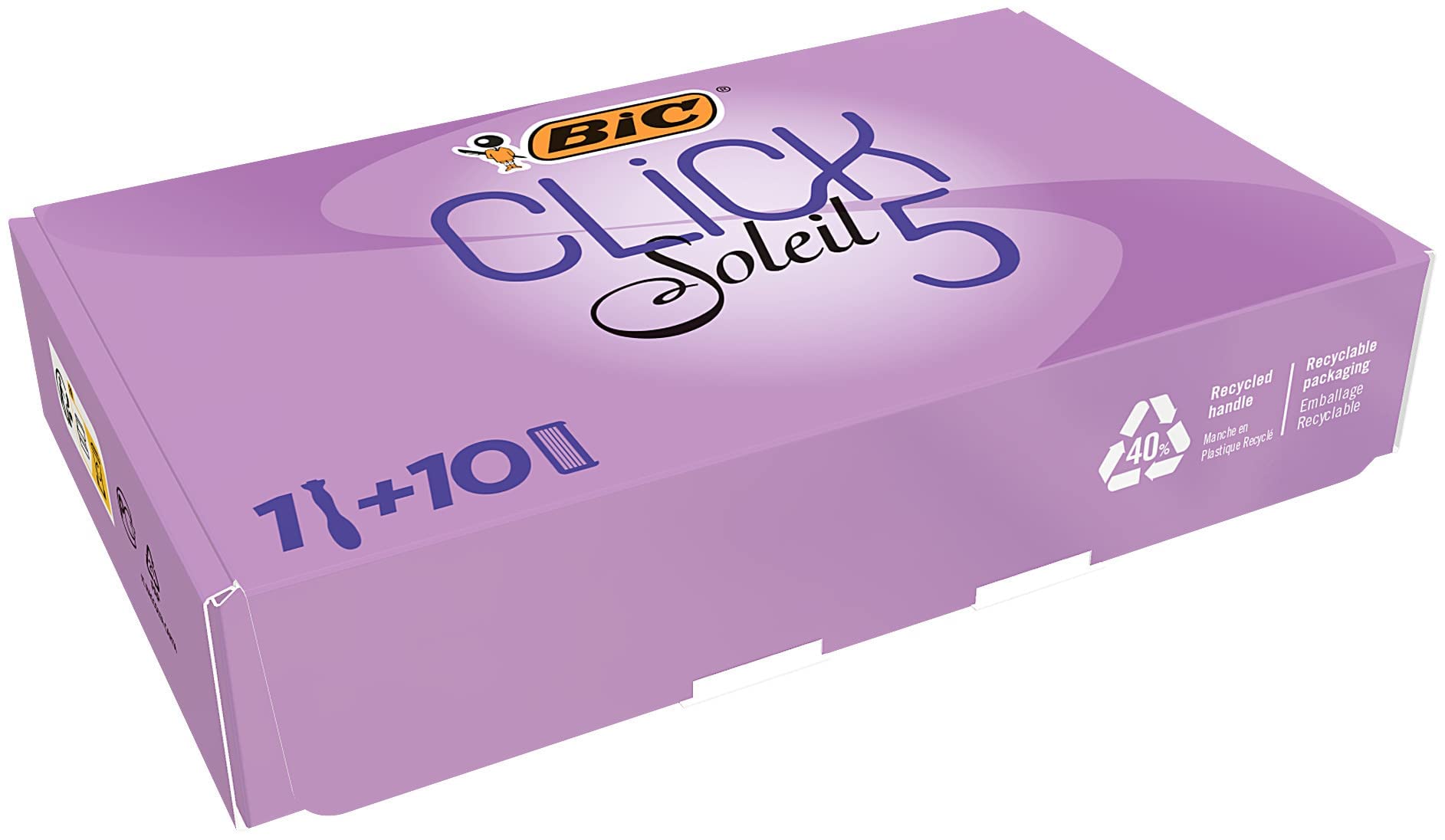 Bic Click 5 Soleil Refillable Women's Razor, 40% Recycled Plastic Handle with Rubber Grip, 10 x 3-Blade Refills, Lubricating Strip - Bundle of 1+10, Purple