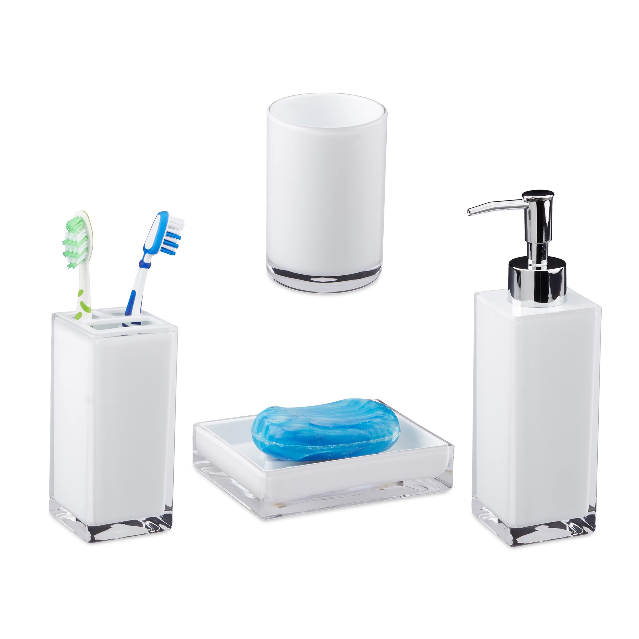 Relaxdays Bath Accessories 4-Piece Set, Toothbrush Holder, Tumbler, Soap Dispenser and Dish, White