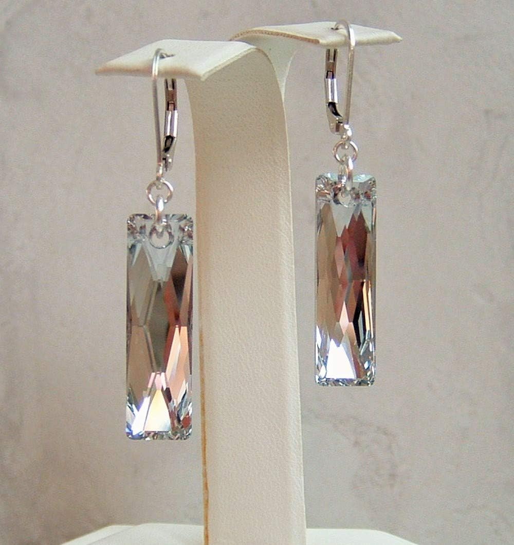 Colorless Mirror Crystal Rectangle Baguette Sterling Silver Leverback Earrings Gift Idea