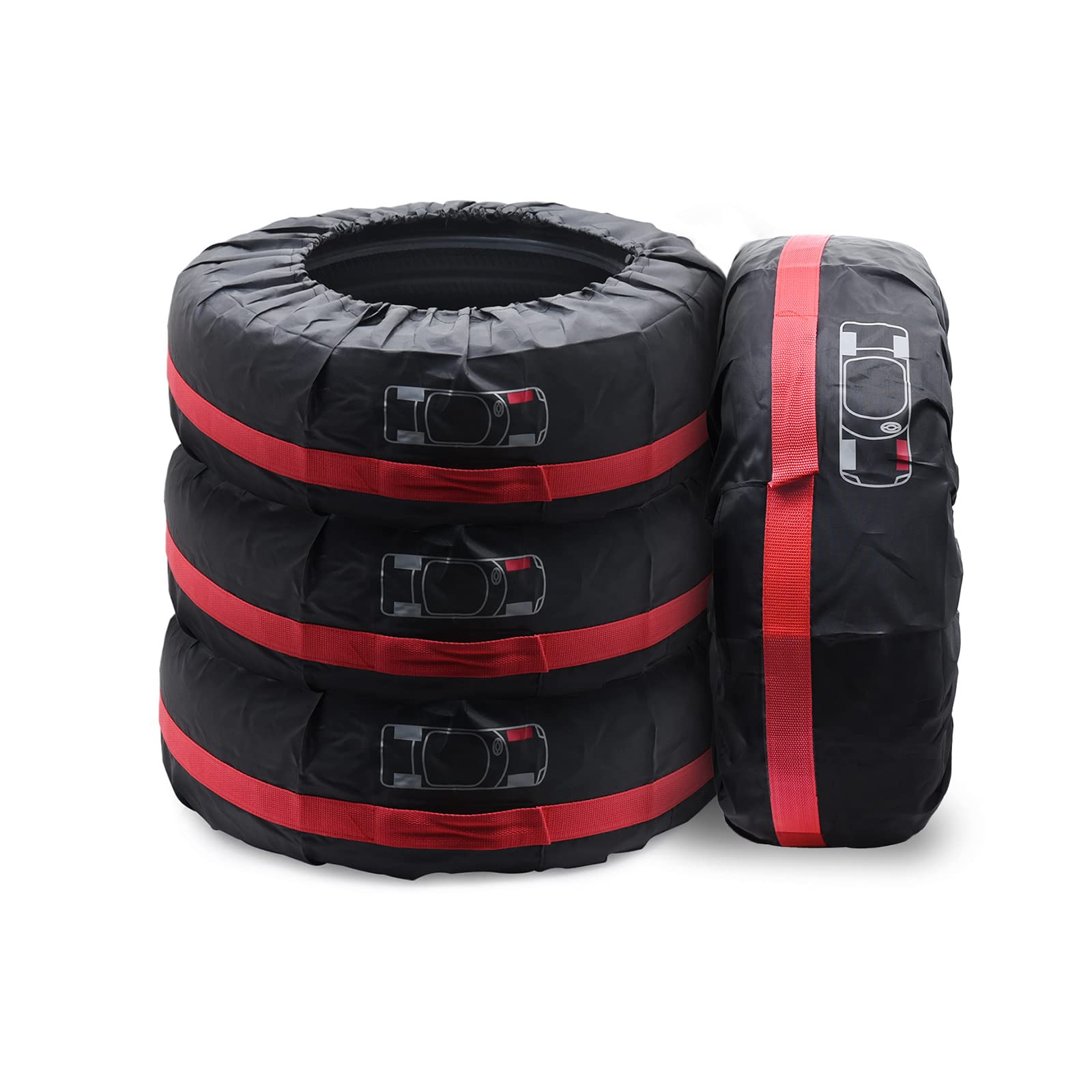 Photo 1 of Geloo Car Tire Cover, Spare Tire Cover, Seasonal Tire Totes, Portable Wheel Bags, Winter Tire Cover, Set of 4 Storage Tote Bags with Handle Fit for 13" to 18" Tyres (Diameter 66cm)-Black/Red