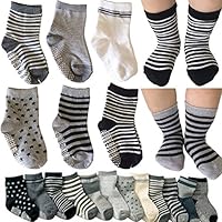 Kakalu 6 Pairs Assorted Non Skid Ankle Cotton Socks Baby Walker Boys Girls Toddler Anti Slip Stretch Knit Stripes Star Footsocks Sneakers Crew Socks with Grip for 16-36 Months Baby