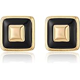 Chunky 14K Gold Plated Earrings Stud for Women Square Black Flower Stud Earrings Red Statement Earrings Dainty Large Retro Earrings Party Jewelry Gifts for Women