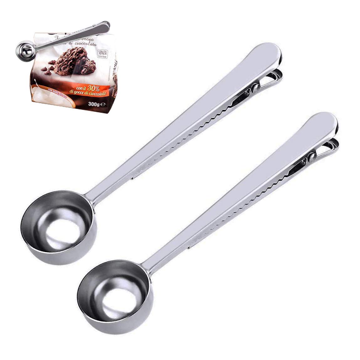 kuou 2PCS Coffee Scoop with Bag Clip, Stainless Steel Coffee Measuring Spoon Ground Coffee Sealer for Cafetiere Ground Coffee and Beans(Silverï¼‰