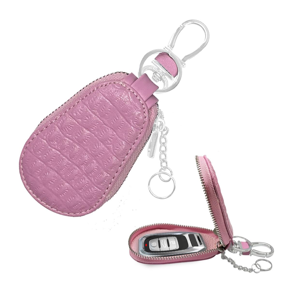 Photo 1 of DUSCOKE Leather Car Keychain Case Holder - Keyring Zipper Bag Auto Key Fob Cover Case with Metal Hook - Car Key Case Smart Key Fob Protector for Remote Key Fob (Pink)