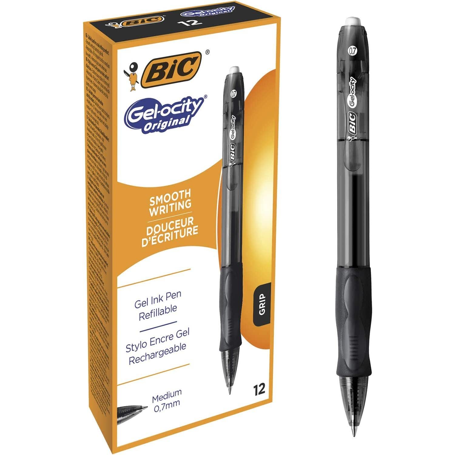 BIC Gel-ocity Original, Gel Ink Pens, With a Soft Grip, Seamless Smooth Writing, in Black, Medium: 0.7mm, Pack of 12