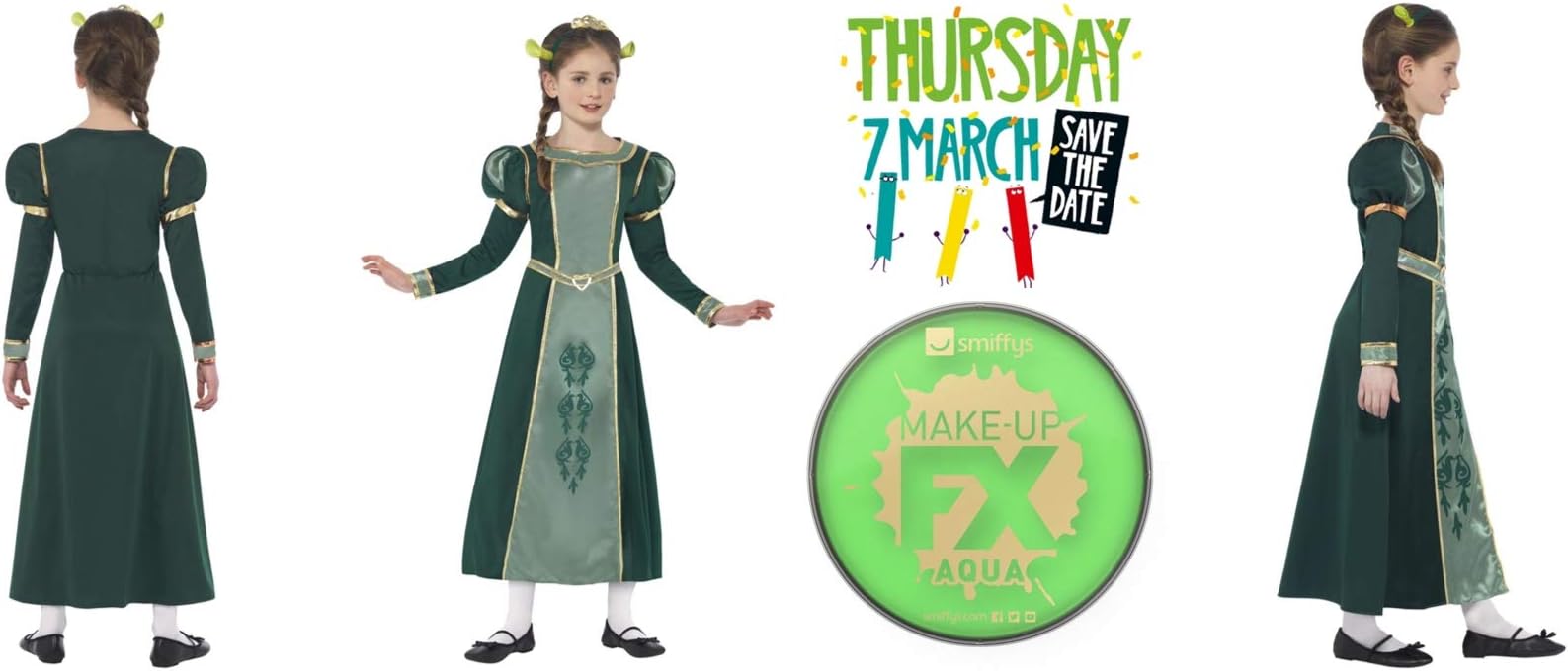 Girls Licensed Dreamworks Shrek Princess Fiona Fancy Dress Costume & FREE Green Face Paint - World Book Day Fancy Dress Party Fun - (Kids UK Small 4-6 Years)