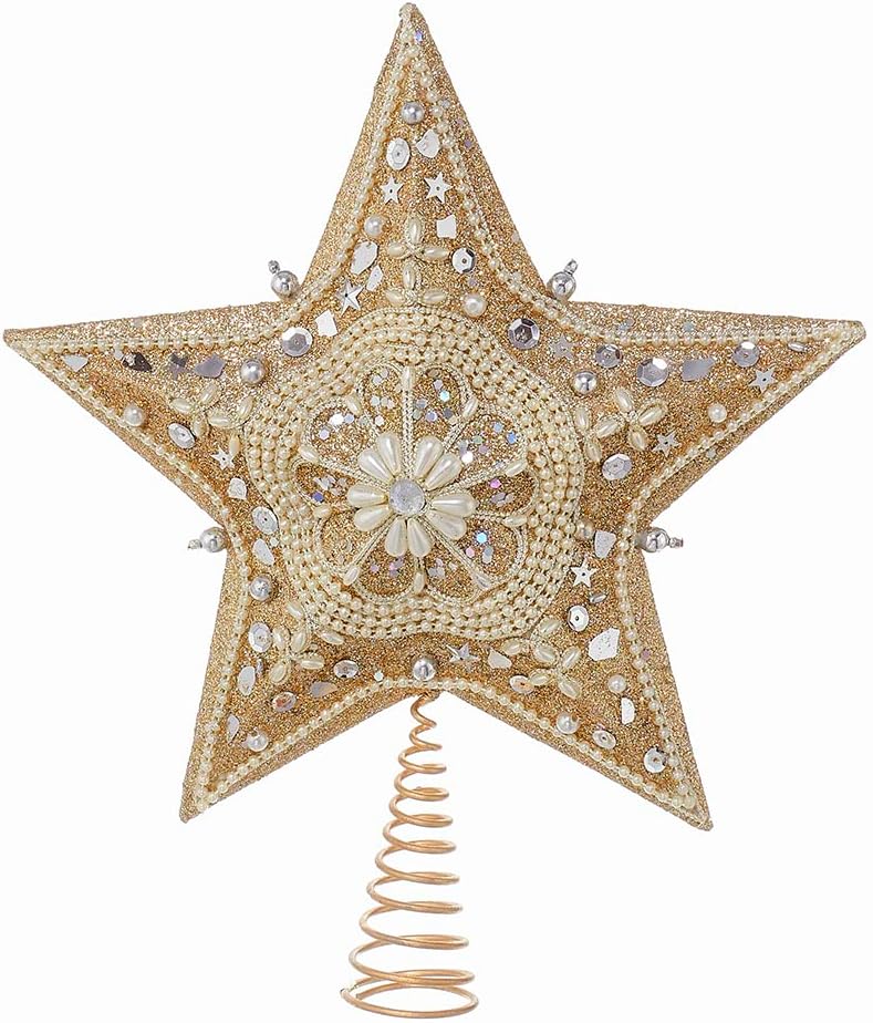 Tree Toppers - Kurt Adler 13.5-inch Star Treetop with Ivory Pearls and Platinum Glass Glitter