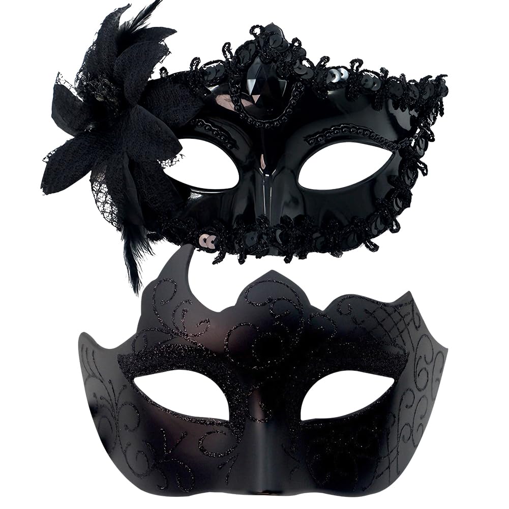 YRPACFB Couple Masquerade Masks Set, Venetian Party Mask, Halloween Costume Masks, Carnival Mardi Gras Costume Party Dress-Up Accessories for Men and Women -2PCS （Black） — image 1