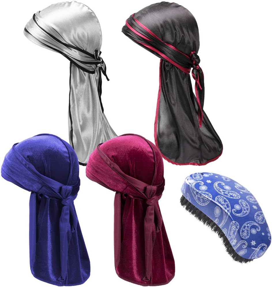 2 Pack Velvet Durag and 2 Pack Silky Soft Durag Headwraps Cap with Long Tail and Wide Straps, Premium Curved 360 Waves Brush-Great for Wolfing