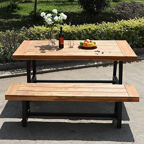 PHI VILLA Outdoor Bench Table Set for 3 People, 1 Wooden Dining Table