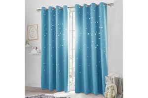 NICETOWN Kids Room Star Curtain - 52 by 84 inches Window Treatment Room Darkening Drape with Star Cutouts for Space Themed Boys Girls Bedroom, Teal Blue=Light Blue, 1 Pack