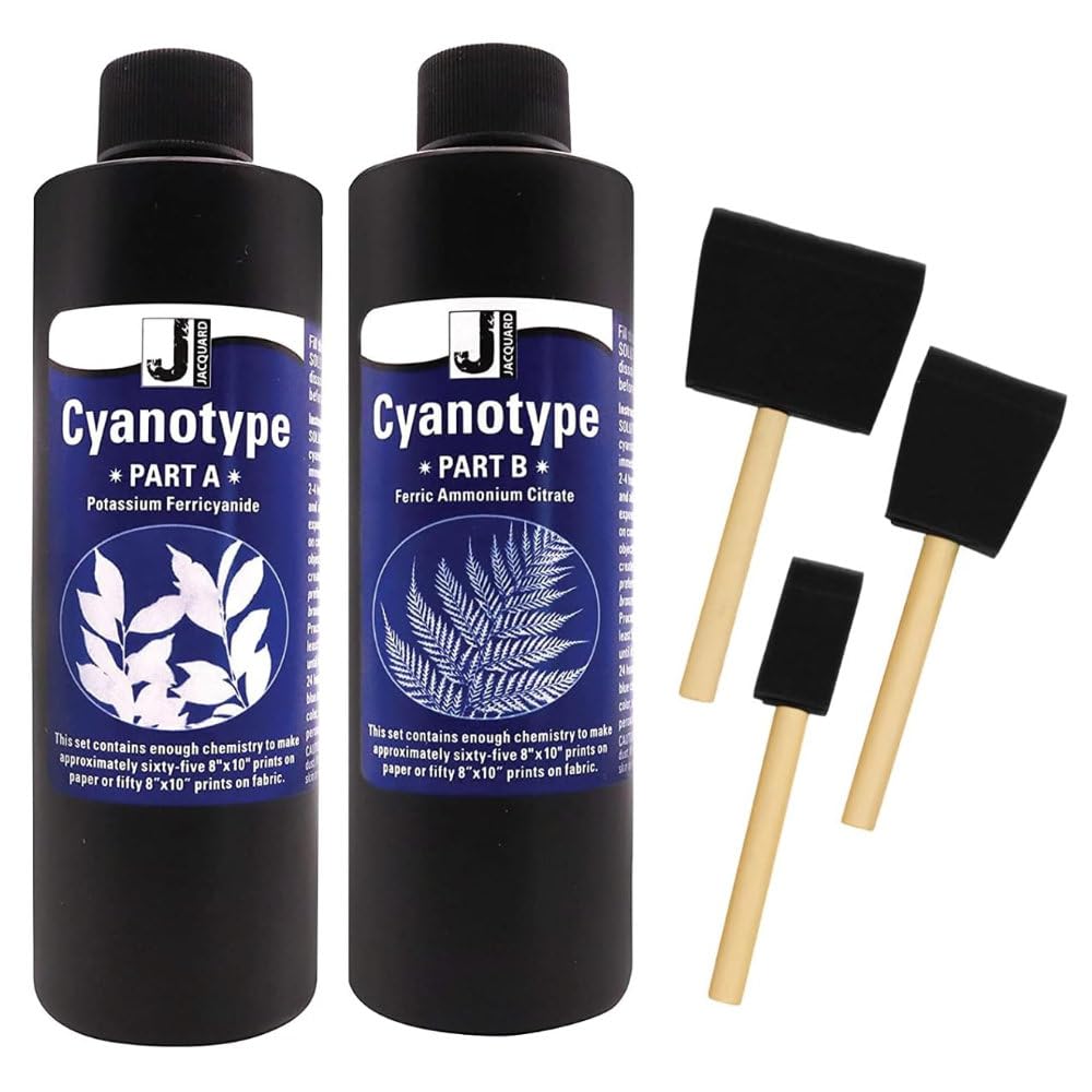 Jacquard Cyanotype Sensitizer Set for Sun Printing on Paper and Fabric, DIY Art Craft Kit Creates Photographic Blueprints with Two Part Chemicals Plus 3 Foam Brushes