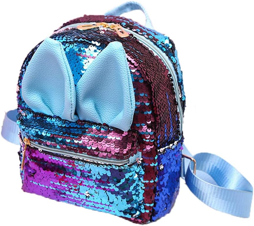 Magic Reversible Sequins Backpack with Cute Rabbit Ears Schoolbag Shoulder Bag Mini Backpack Purses for Girls Women (Dark Blue)