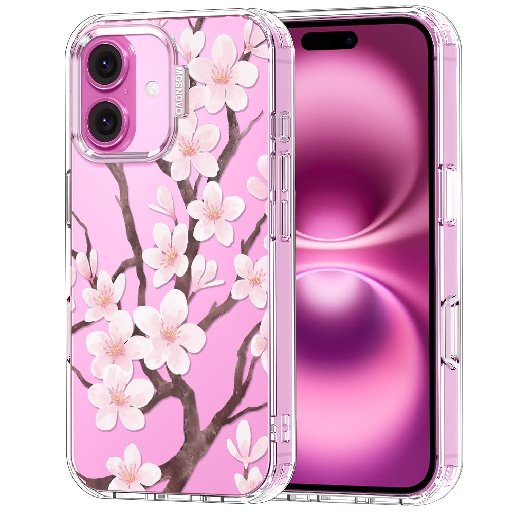 MOSNOVO Case for iPhone 16, [Buffertech 6.6ft Military-Grade Drop Protection] [Anti Peel Off Tech] Clear TPU Bumper Phone Case Cover Design - Cherry Blossom