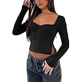 Balimtoy Womens Long Sleeve Going Out Crop Tops Cute Y2K Fall Shirts Sweetheart Neckline Bustier Top with Slit