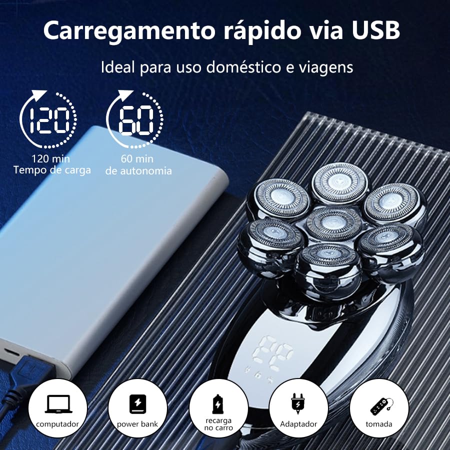 Barbeador Elétrico Masculino com 7 Lâminas Flutuantes 360°, IPX7 à Prova D'água, Máquina de Barbear USB Recarga Rápida, 50 Minutos Autonomia, Display LED + Acessórios (Cortador de Pelos Nasais)