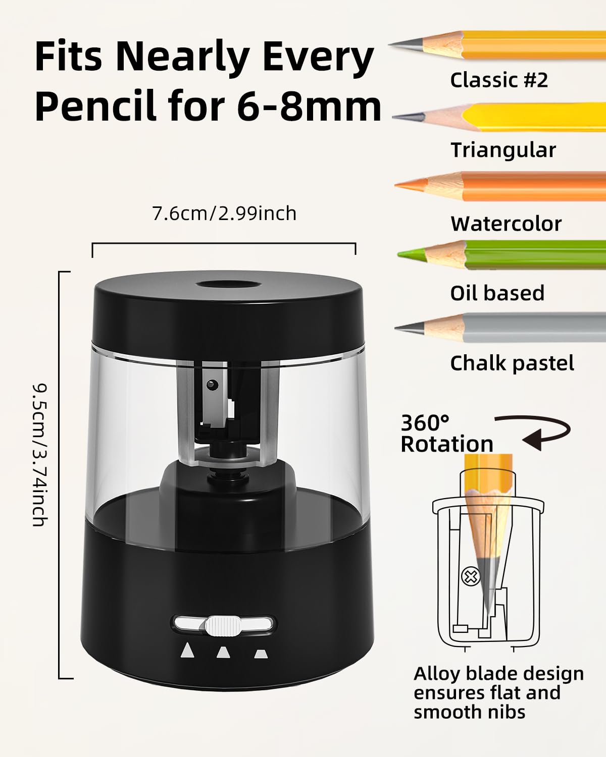 ZMOL Electric Pencil Sharpener for Colored Pencils, Auto Stop,Battery Operated Powered Pencil Sharpener Plug in for Kids 6-8mm No.2/Office/Home/Black