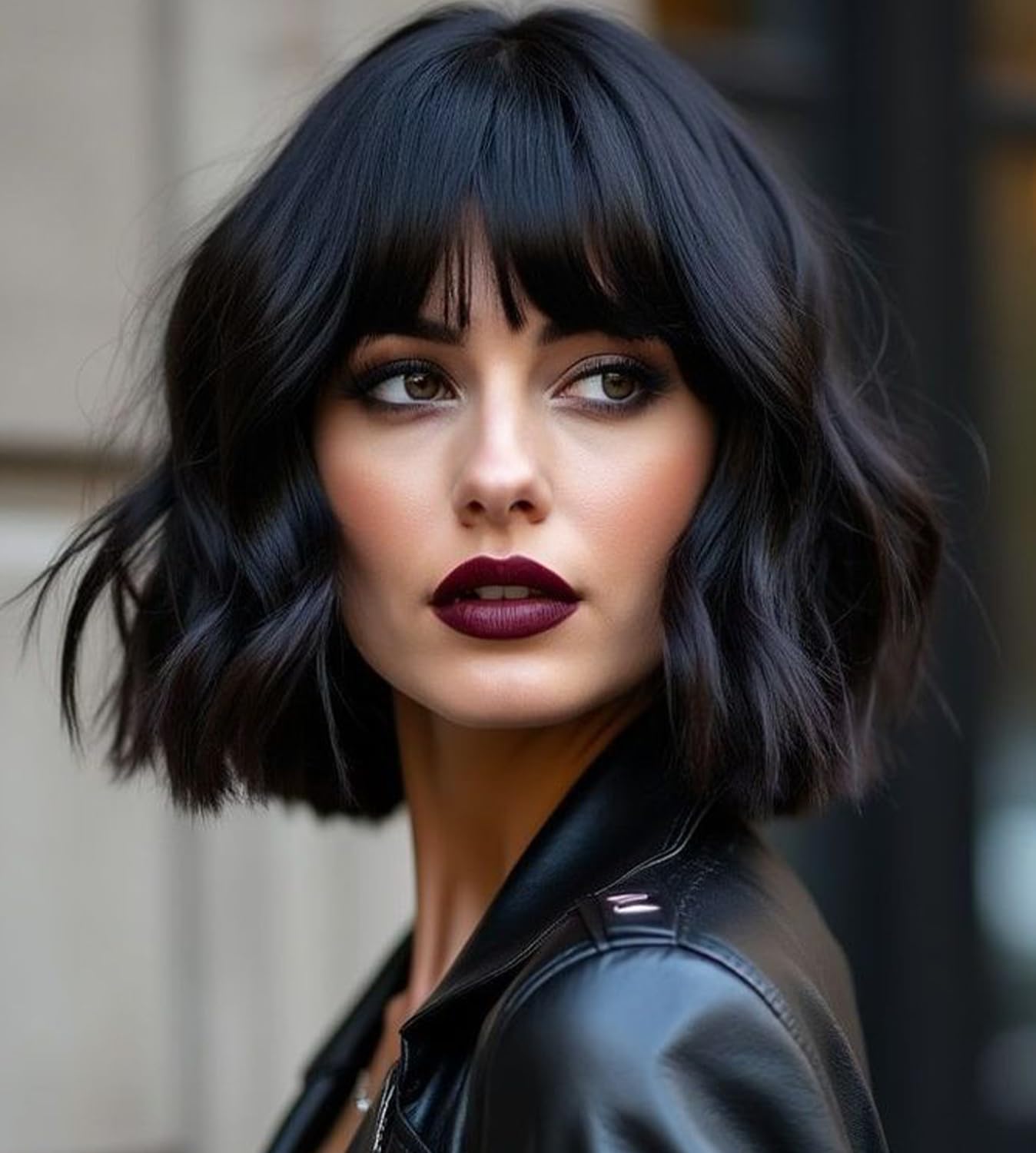 CoCrowns Short Wavy Wig with Air Bangs Shoulder Length Women's Short Bob Curly Wavy Black Synthetic Wig Soft Hair (Black)