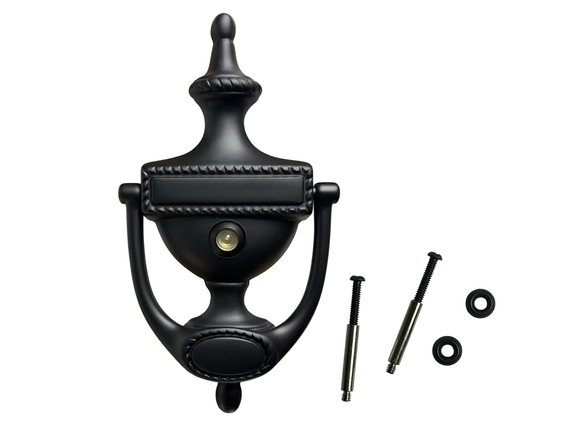 QCAA Solid Brass Door Knocker, Victorian Rope Type, 7-3/8", with 160 Degree Glass Len Door Viewer (UL Listed), Matte Black, 1 Pack, Made in Taiwan