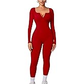 Aprilake Women's Sexy Ribbed Long Sleeve Bodycon Romper Scoop Neck Zip Front One Piece Jumpsuits