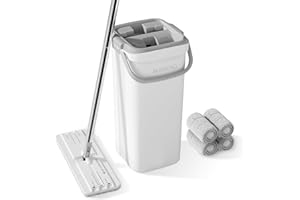 BOSHENG Mop and Bucket Set, Flat Mops for Floor Cleaning, Wall Mop with 60" Extensible Handle, Hardwood Floor Mop with 4 Microfiber Pads