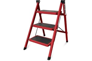 Krightlink Step Ladder, Folding Step Stool with Wide Anti-Slip Pedal, Sturdy Steel Ladder, Lightweight, Portable Steel Step Stool, Household Office Portable Stepladder - Red (3 Step)