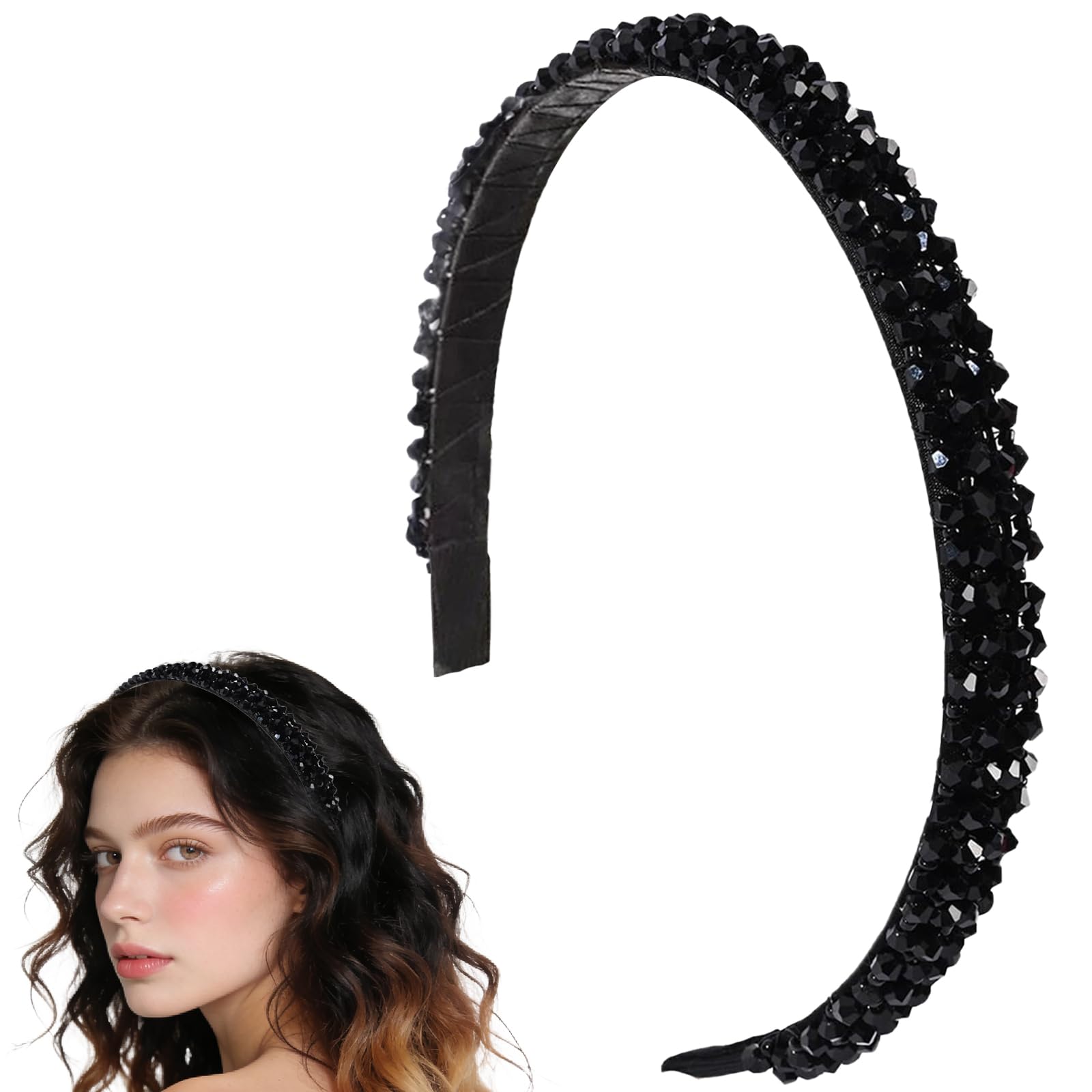 Traziewell Hairbands Girls Crystal Rhinestone Headwear Diamond Headband Non Slip Headbands for Women Daily Wearing Party Wedding Hair Accessories Black, 2613