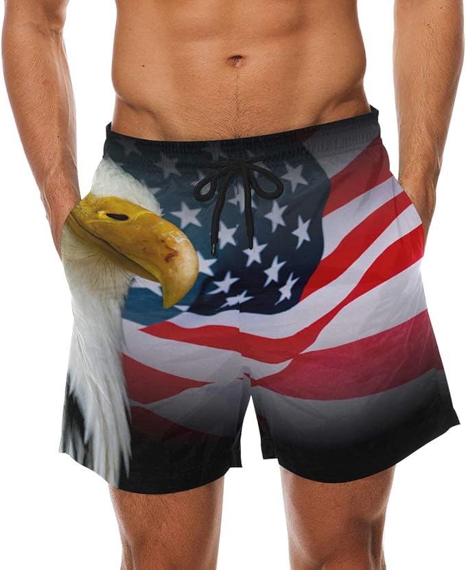 Mens Casual Shorts American Symbol USA Flag Eagle Black Elastic Waist