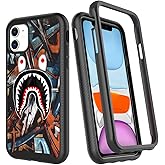 GUGU6JI Street Fashion Cool Camo Graffiti Shark Design Compatible with iPhone 11 Case for Boys Luxury Shockproof Rugged Cover Dual Layer Soft TPU + Hard PC Bumper Full-Body Protective Case